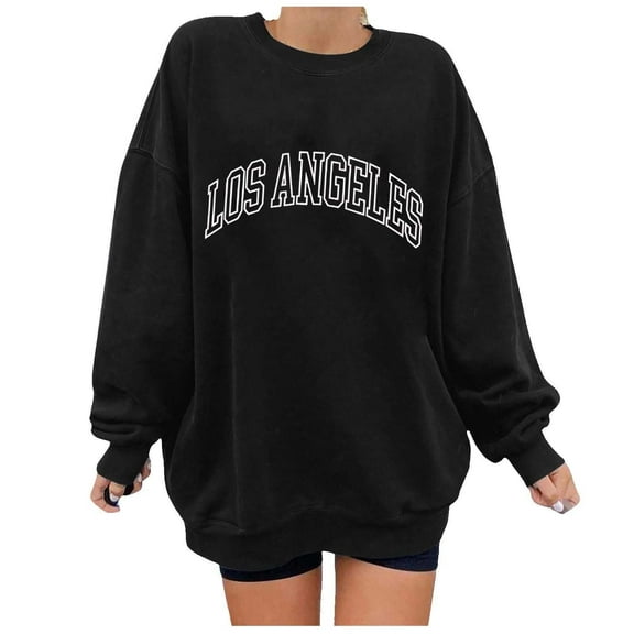 WREESH Women's Oversized Sweatshirt Trendy Letter Printed Long Sleeve Pullover Top Black