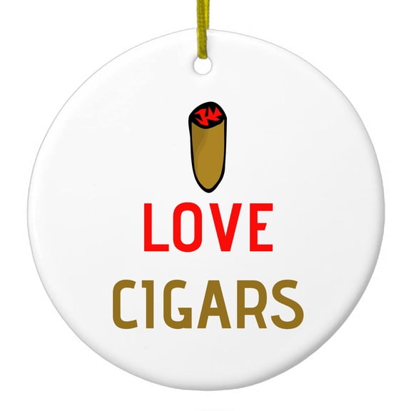 DistinctInk Hanging Ceramic Christmass Tree Ornament with Gold String - Great Gift / Present - 2 3/4 inch diameter - I Love Cigars