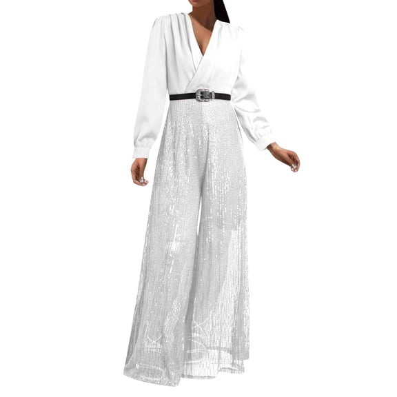 JULMCOMO Jumpsuits for Women Sequin Wide Leg Deep V Neck Dressy Jumpsuits Long Sleeve Belted Waist Evening One Piece Summer Rompers White M