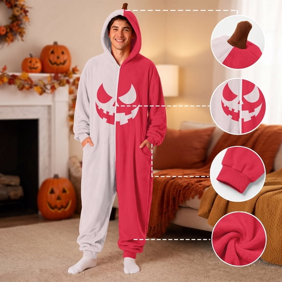 Halloween Split-Face Plush Onesie for Men, Zip-Up Hooded Jumpsuit with Pumpkin Print & Cuffed Ankles — Funny Adult Cosplay Sleepwear Beige L