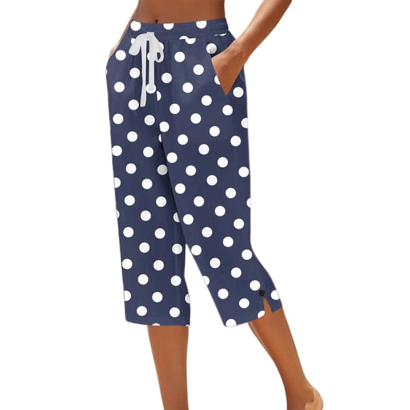 WRFWUL Womens High Waist Polka Dot Cotton Capri Pants Elastic Waist Drawstring Wide Leg Pajamas Pants Summer Casual Lounge Trousers