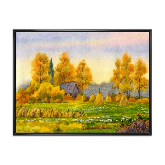 Orange Fields With Haystacks II 20" x 12" Framed Painting Canvas Art Print, by Designart