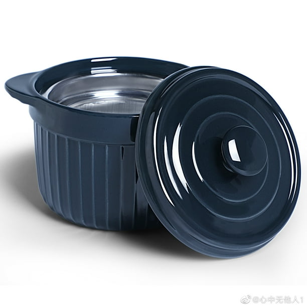 Ceramic Bacon Grease Container Keeper with Strainer, Frying Oil Storage Can 17oz, Navy