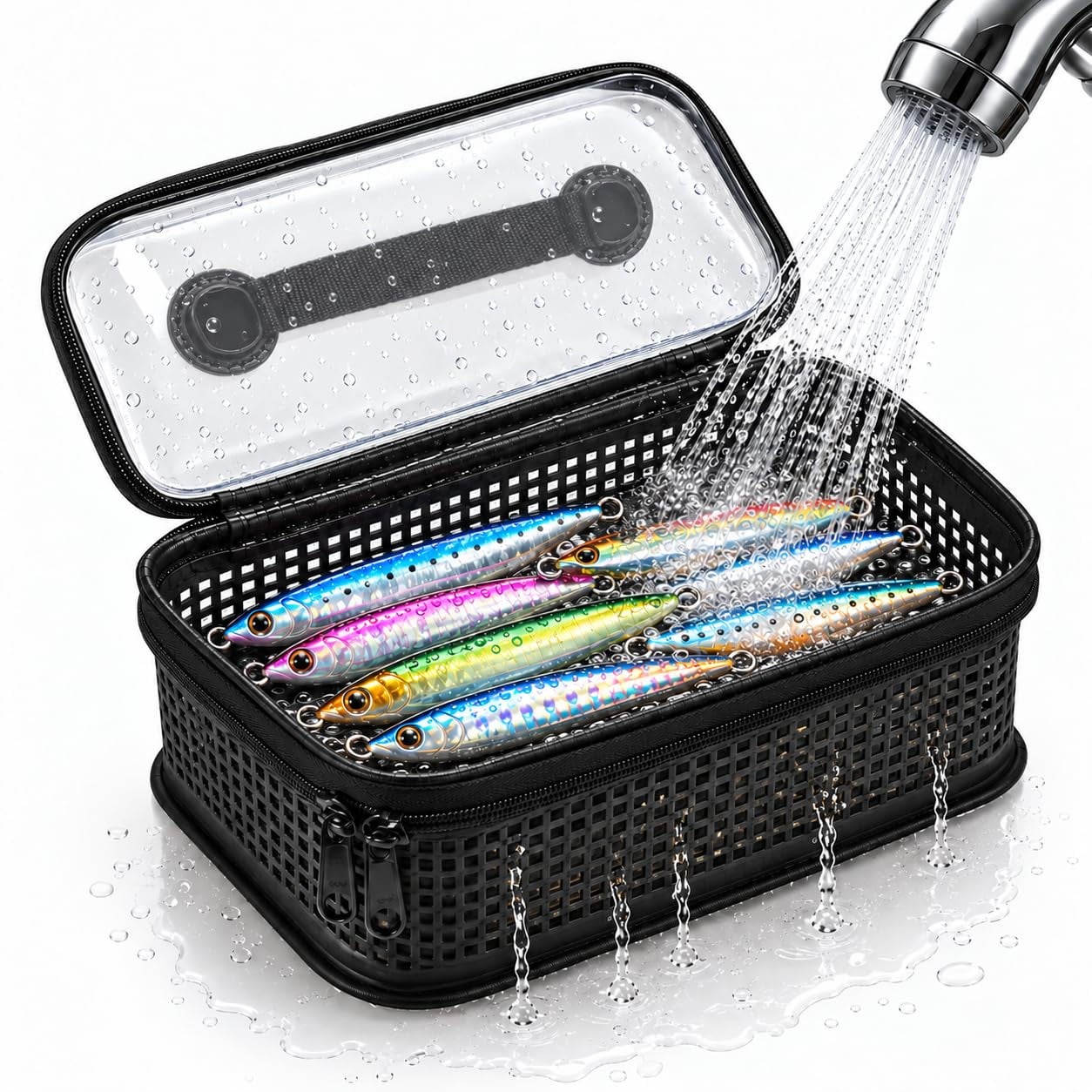 Rinse Box Rinse Drain and Store Fishing Lures for Saltwater Tackle Breathable Mesh Jig Bag Clear Lid Carry Handle Metal Jig Organizer Hard Bait Case Squid Lure Holder Offshore Gear