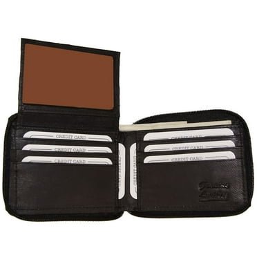 Improving Lifestyles Leather Mens Wallet Bifold Black Zip Around credit card Fixed Flipup Window ID FREE Organza Gift Ba