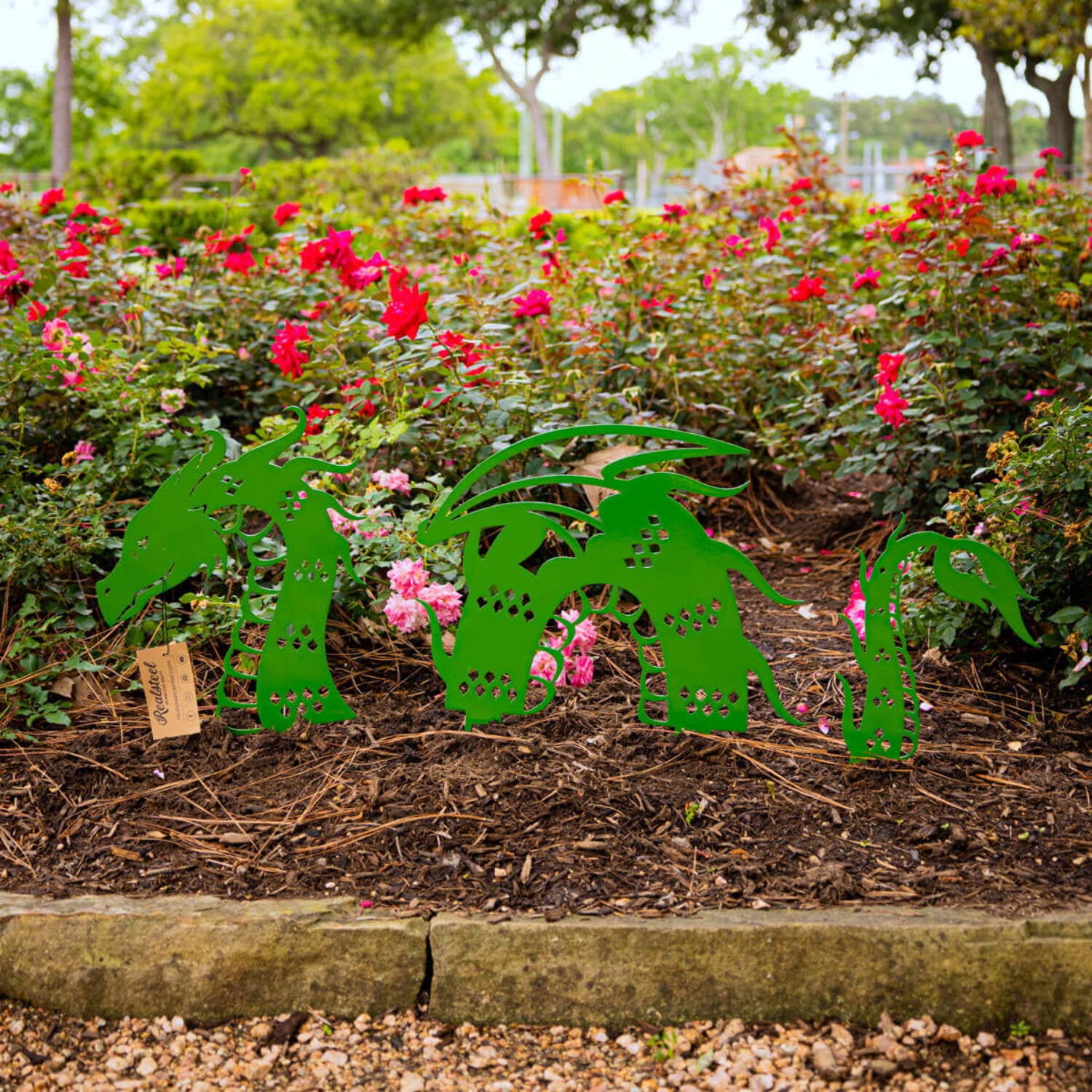 RealSteel Garden Art - Dragon Yard Decoration, 3-Piece Set with Built-In Stakes (8"x18"/ Green)
