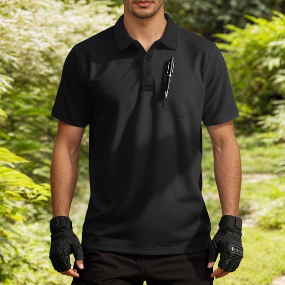 Polo T Shirts for Men Solid Color Lapel Loose Outdoor Pockets Short Sleeved Collar Golf Button Mens T-Shirts Black L