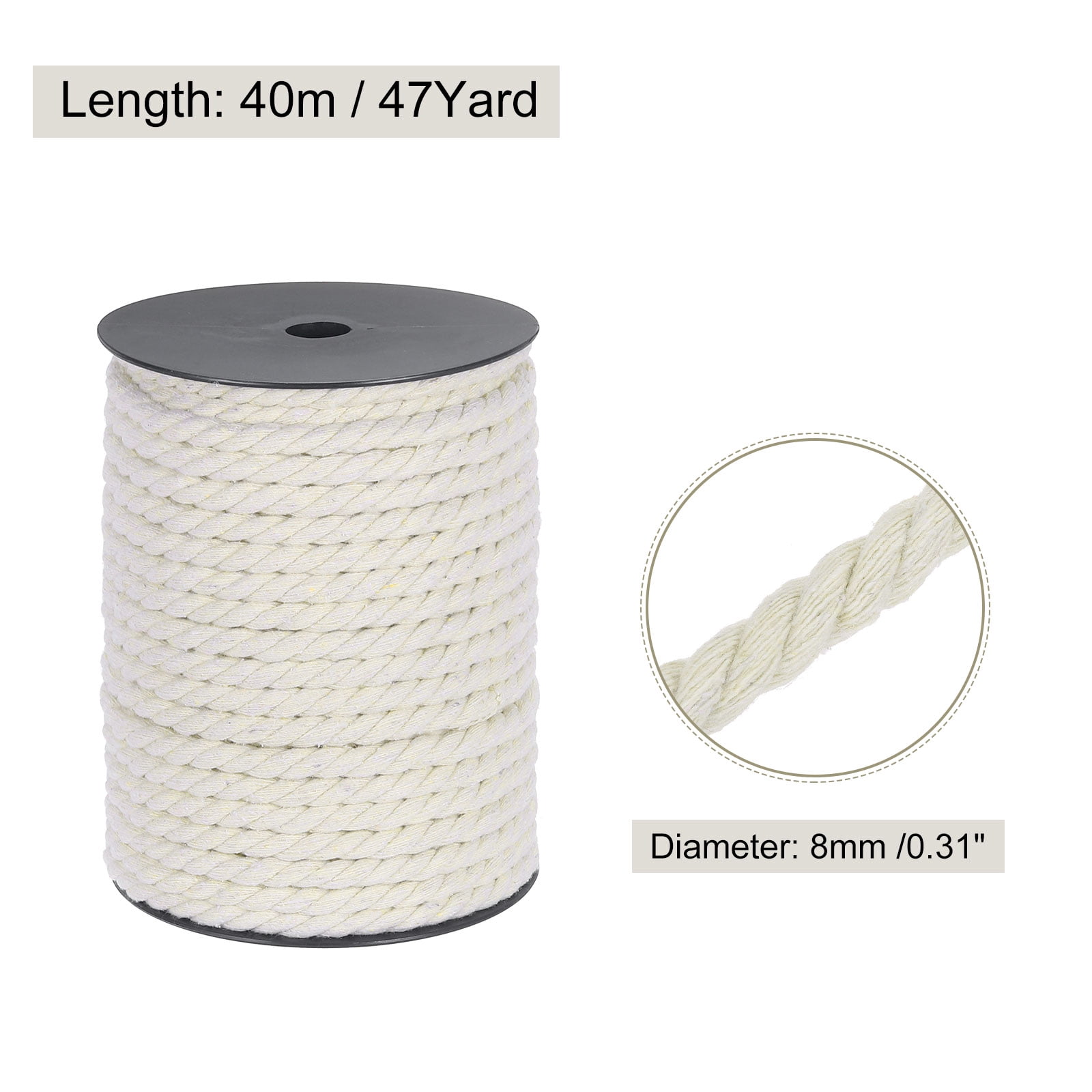 Cotton Rope 3 Strand Twisted Braided Rope Cord, Cream White 40m/47 Yard 8mm Dia for Wall Hanging, Plant Hanger