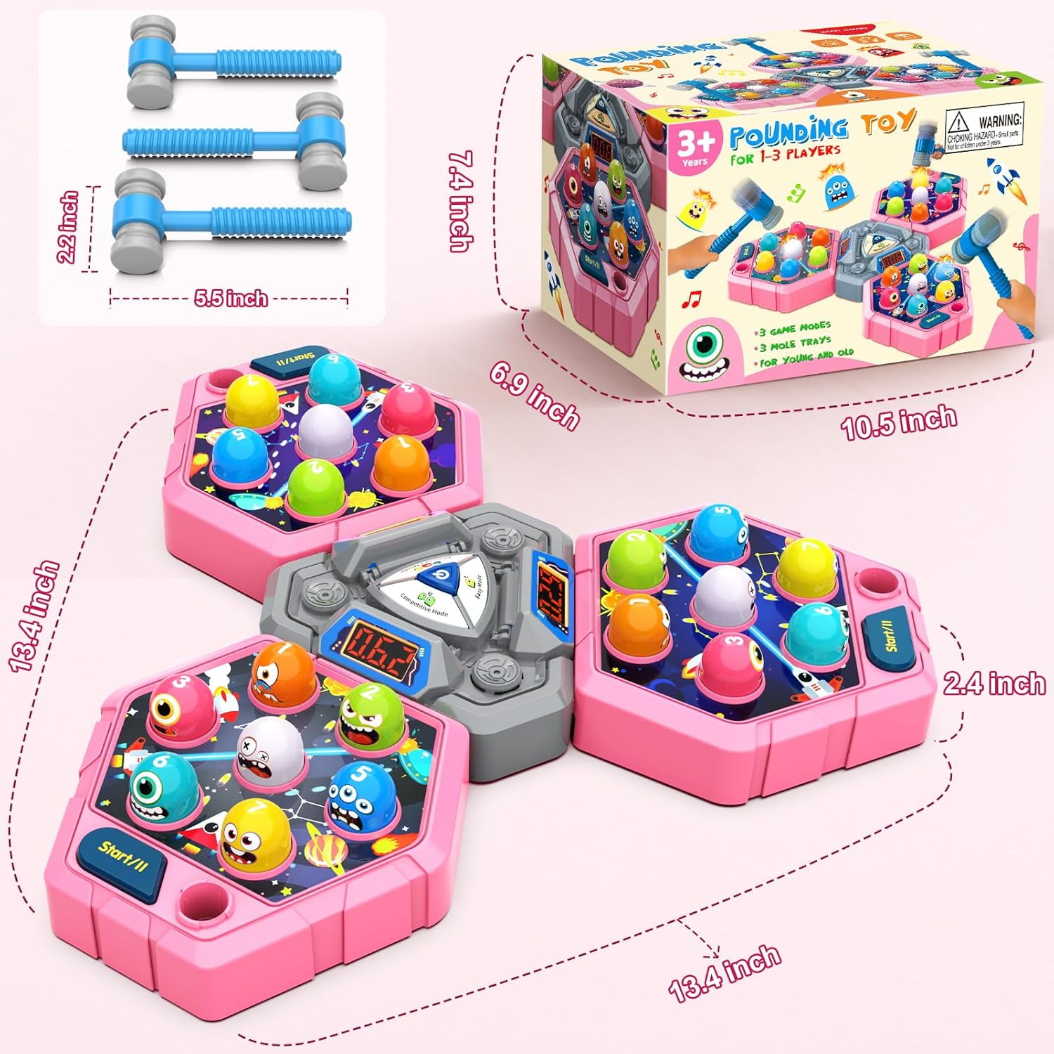 3-Player Whack Game Mole Toy for Ages 3+, Early Learning Toy with Lights & Sounds, Interactive Pounding Hammer Toy with 3 Game Modes, Perfect for Families