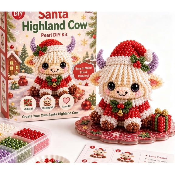 XIA0LE Christmas Highland Cow Pearl Diy Kit, Christmas Themed Beaded Pearl Art Craft Set, Fun Hand‑Making Project For Adults Holiday Activity (White)