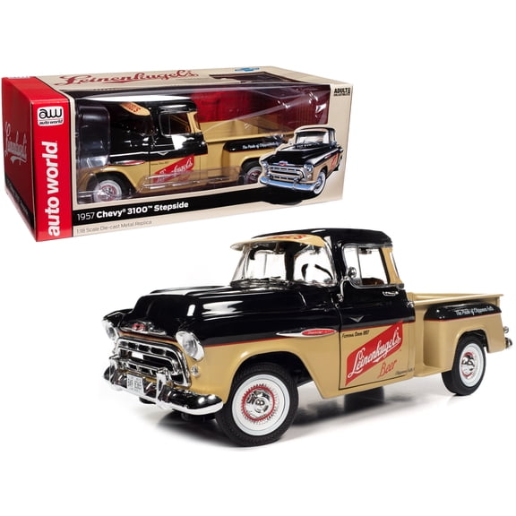1957 Chevrolet 3100 Stepside Pickup Truck Black and Tan with Graphics "Leinenkugle's Beer The Pride of Chippewa Falls" 1 18 Diecast Model by Auto World