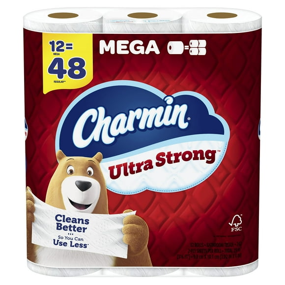 Charmin Ultra Strong Toilet Paper 12 Mega Rolls, 242 Sheets Per Roll - 4X Stronger When Wet, Clog-Safe, Septic-Safe, Diamond Weave Texture, Washcloth-like Clean
