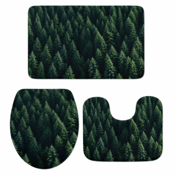 Green Forest Bath Mat 3 Piece Bathroom Rug Set, Modern Pine Trees Mysterious Art Non Slip Bath Rug Contour Mat and Toilet Lid Cover, Absorbent Shower Mats Soft Bath Rugs and Mats Sets