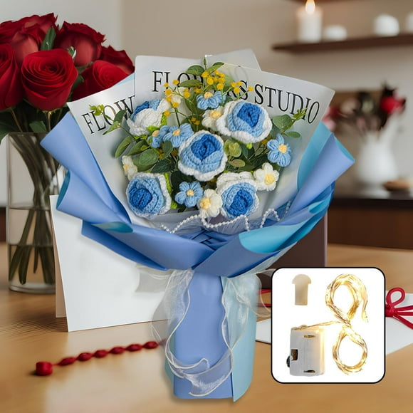 Ramo de flores de ganchillo, flores tejidas con rosas, decoraciones para el Día de San Valentín, arreglos florales, ramo tejido para el hogar y la , azul Macarena ramo de flores