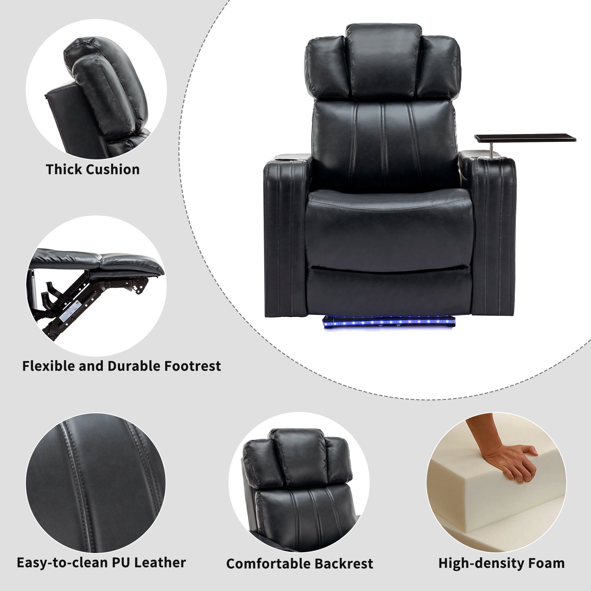EUROCO PU Leather Home Theater Recliner,Power Recliner Adjustable Recliner with Bluetooth Speaker ,USB Ports, Tray Table, Arm Storage, footrest, Cup Holder and LED Lights, Black