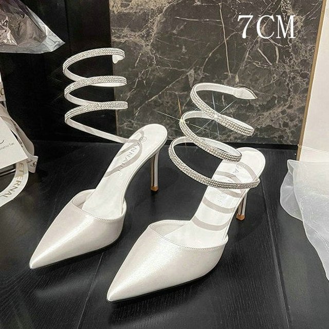 2024 Roman Sexy Pointy Thin Heel Back Empty Single Shoe Rhinestone Snake Wrapped High Heels Wedding Shoes FGS
