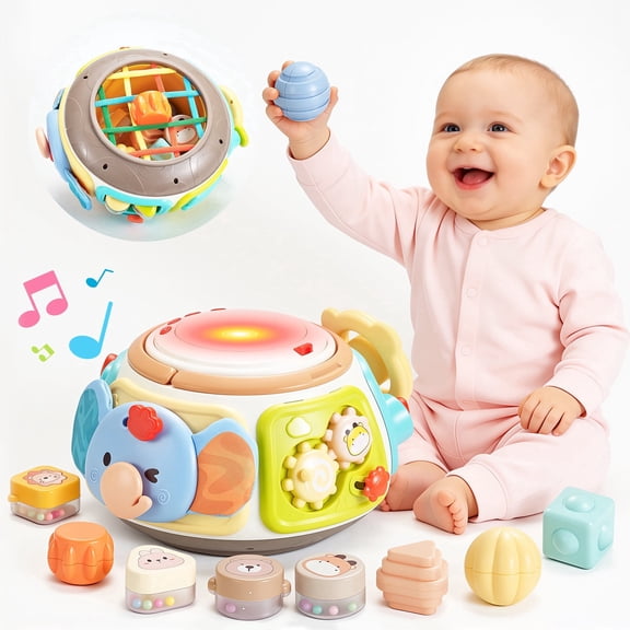 Joycrown 7-in-1 Baby Activity Cube Drum with Music & Light , Montessori Learning Toys with 9 Sensory Shape Sorter,Christmas Birthday Shower Gifts for Toddler Kids Boys Girls Age 18 Months (Blue)