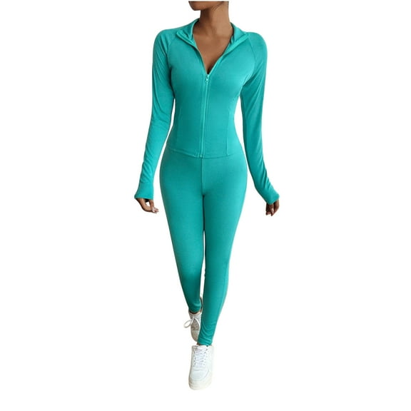 YUGYXL Women Two Piece Outfits Workout Sets Tracksuit Long Sleeve Zip Up Hoodie Jacket Jogger Matching Sweat Pants Set Green M