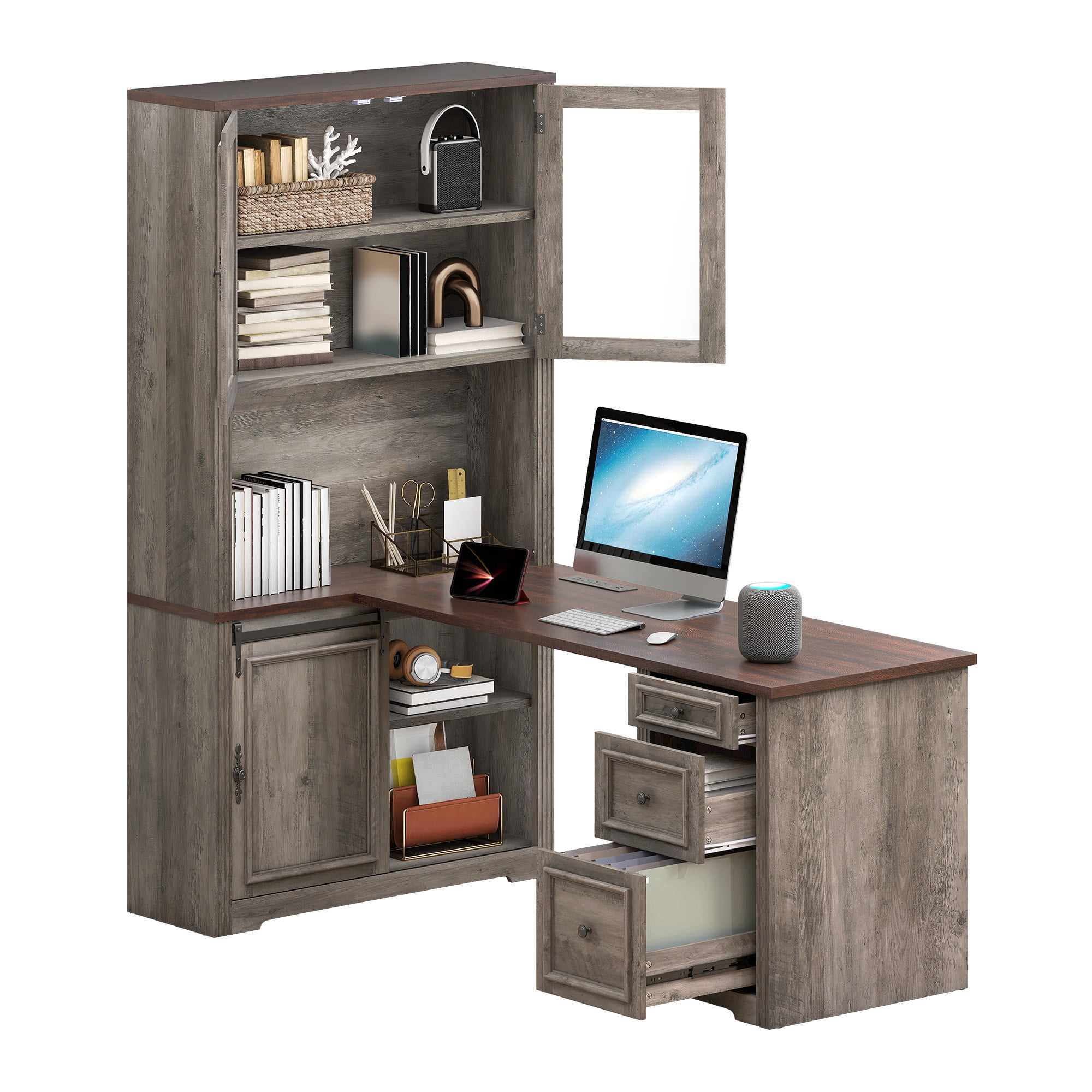 Uforic Executive Desk with Hutch, L Shape Computer Desk, Wood Office Desk with Storage Cabinet, Gray