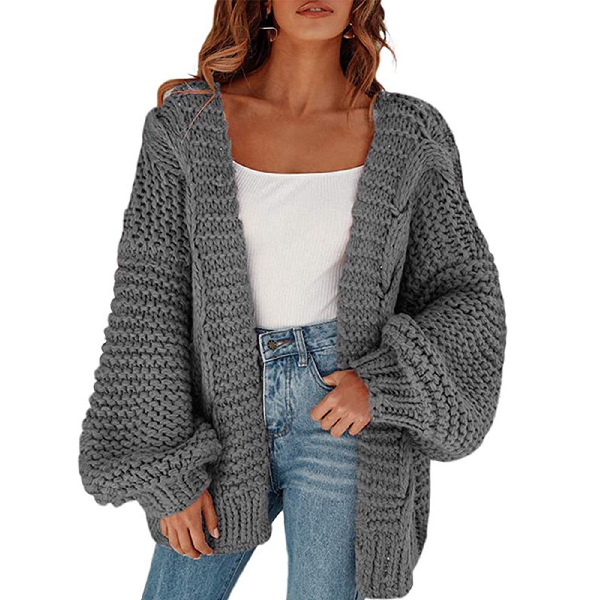 Fancy Juicy Chunky Knit Cardigan Sweater for Women Lantern Long Sleeves  Outwear-Grey - Walmart.com