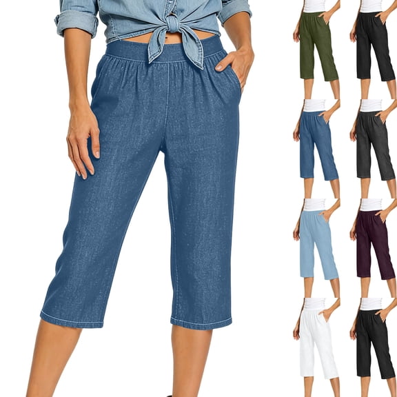 LIBRCLO Womens Jeans Elastic Denim Capris Pants with Double Pocket Solid Color Casual Leggings