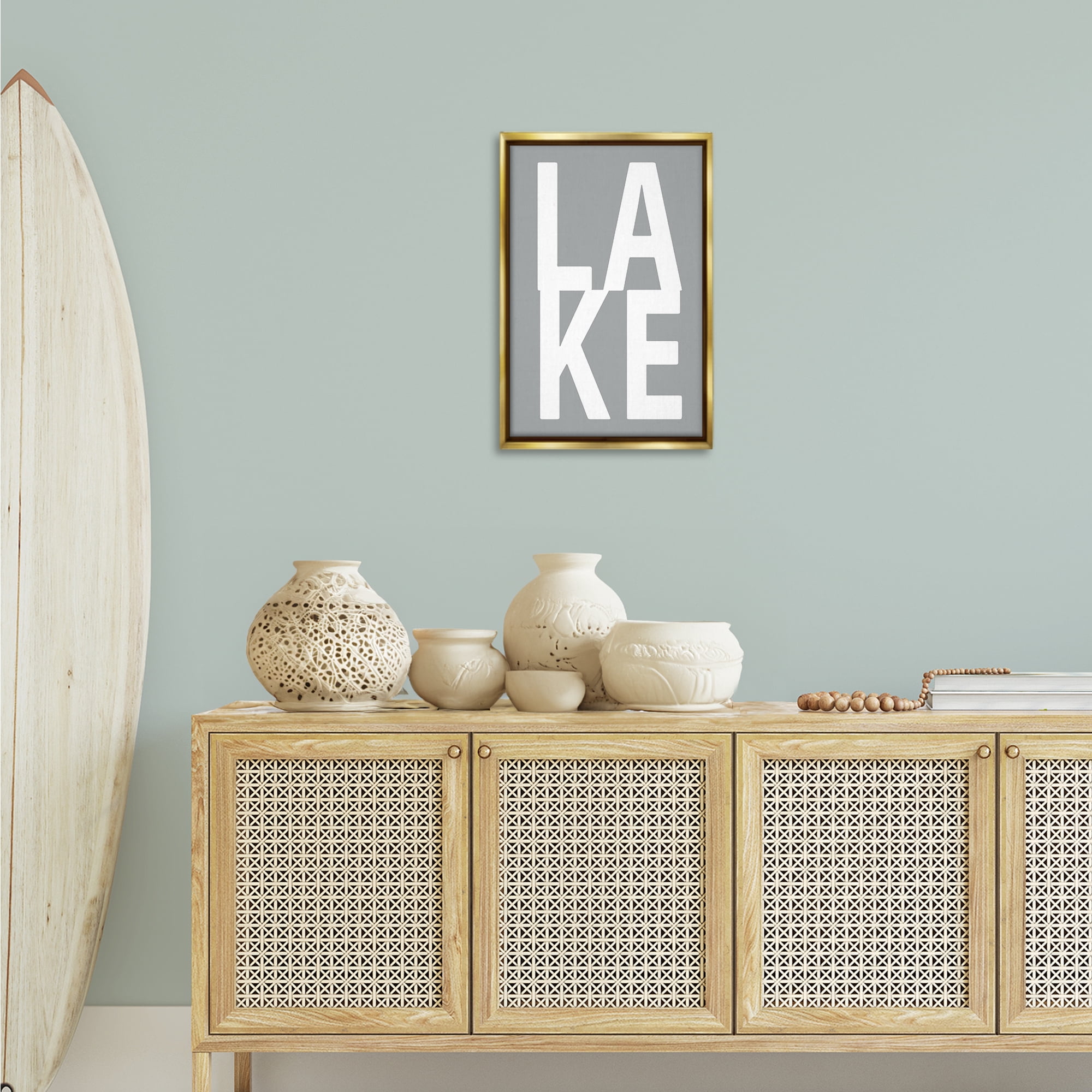 Stupell Industries Lake Word on Grey Typography Painting Gold Floater Framed Art Print Wall Art, 17 x 25