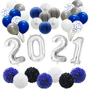 Graduation Decorations 2021 Party Balloons, New Years Eve Supplies, Hanging Tissue Paper Fans, Latex Balloons, Paper Lanterns, Pom Poms Flowers for Birthday Prom Anniversary (Navy Blue Silver)