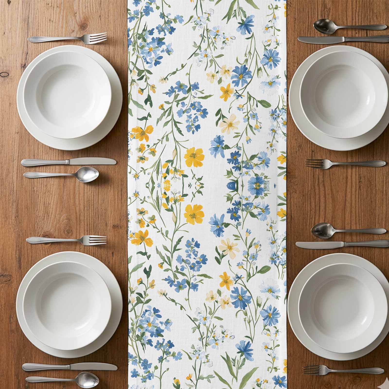 Spring Floral Cotton Linen Table Runner Blue Yellow Wildflower Green Leaves Rustic Dining Table Runners for Home Decor Party Dining Room Restaurant Kitchen 13" x 108"