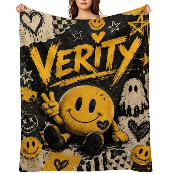 Verity Smiley Face Fleece Throw Blanket, Soft Cozy Flannel Blanket, Creepy Cute Weirdcore Graphic Blanket for Bed Sofa Travel Camping Home Decor