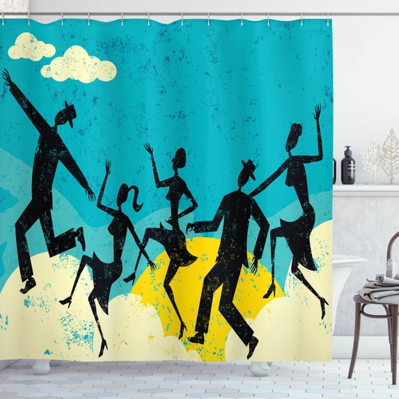 Retro Shower Curtain, Grunge Silhouettes with Old Fashioned Clothes Dancing Party Weathered Background, Fabric Bathroom Set with Hooks, 69W X 84L Inches Extra Long, Multicolor, by Ambesonne