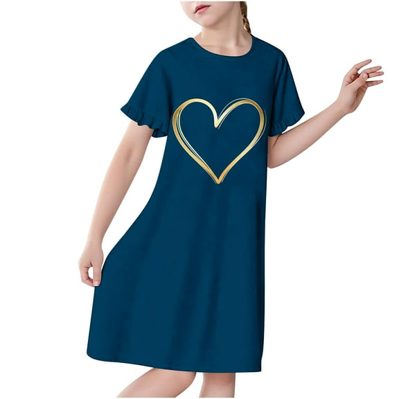 OGLCCG Little Girls Nightgown Cute Heart Print Soft Crewneck Short Sleeve Sleepwear Loose Fit Tie Dye Lightweight Nightdress 3-12 Years