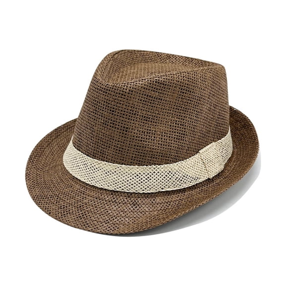 MOJOGO Fedoras for Men Straw Fedora Hat with Short Rolled Brim Summer Vacation Beachwear Panama Sun Hat Coffee M