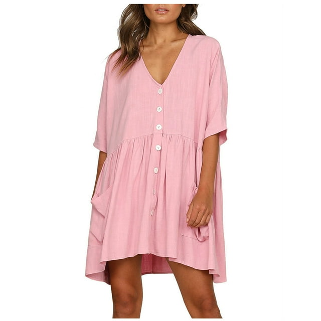 Birdeem Robe Courte Décontractée pour Femme à Col en V, Unie, à Manches Courtes, avec Boutons et Poches