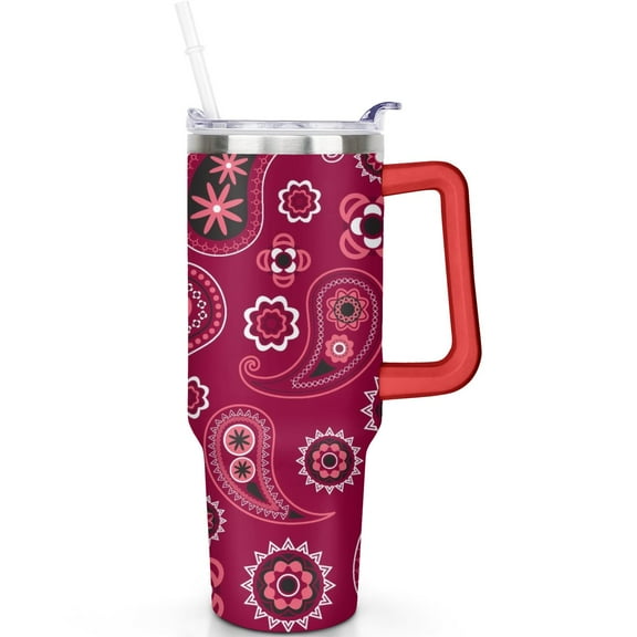 Vacuum Insulated 40oz Paisley Stainless Steel Travel Tumbler with Handle, Leak Proof Flip Straw Lid Gift for Men Women