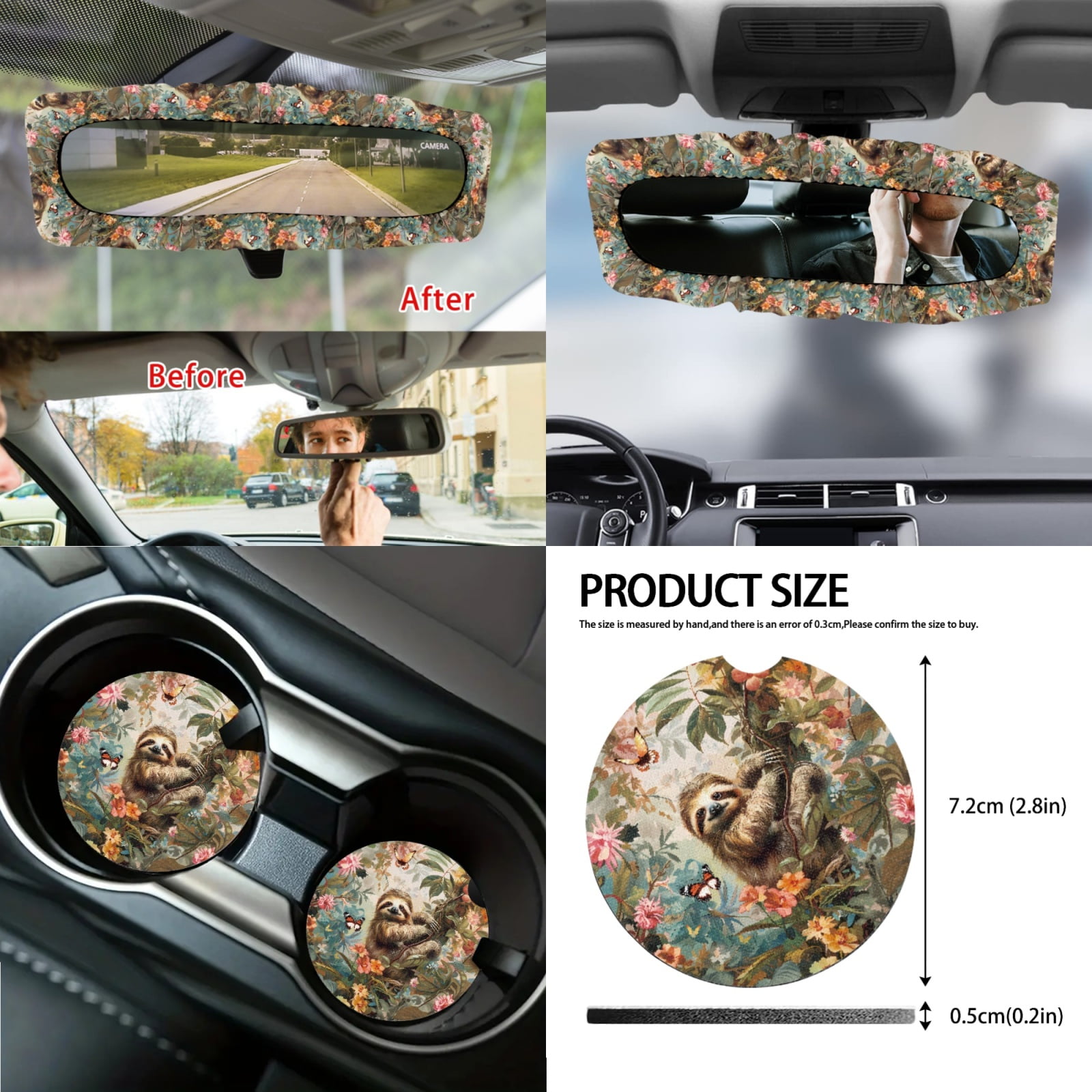 Jeiento Sloth 14 PCS Car Accessories Set Car Seat Protector Steering Wheel Cover Seatbelt Strap Pad Trash Can Armrest Cover Pad Cup Coasters Rearview Mirror Cover Handbrake Cover Set for SUV Truck