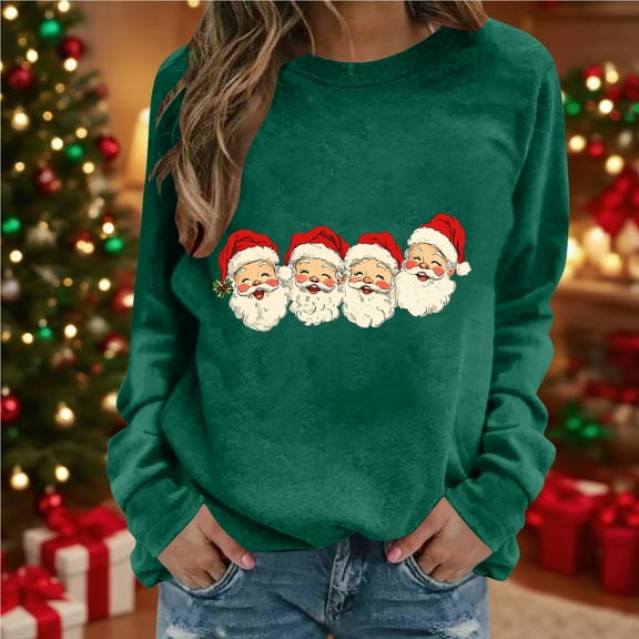 Xdegoge Christmas Sweatshirts for Women Santa Claus Print Sweatshirt Vintage Xmas Long Sleeve Round Neck Pullover Casual Loose Fitting Tops Xmas Style Clothing