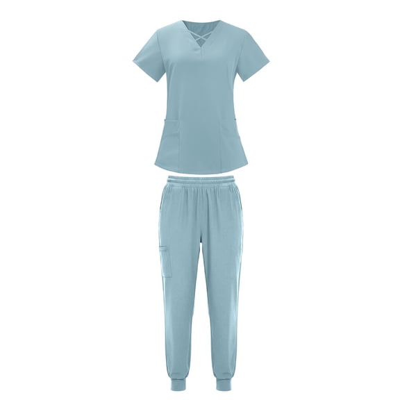 LPZOOGU Women's Scrub Set Short Sleeve V-Neck Top and Elastic Waist Jogger Pants Medical Uniform with Pockets