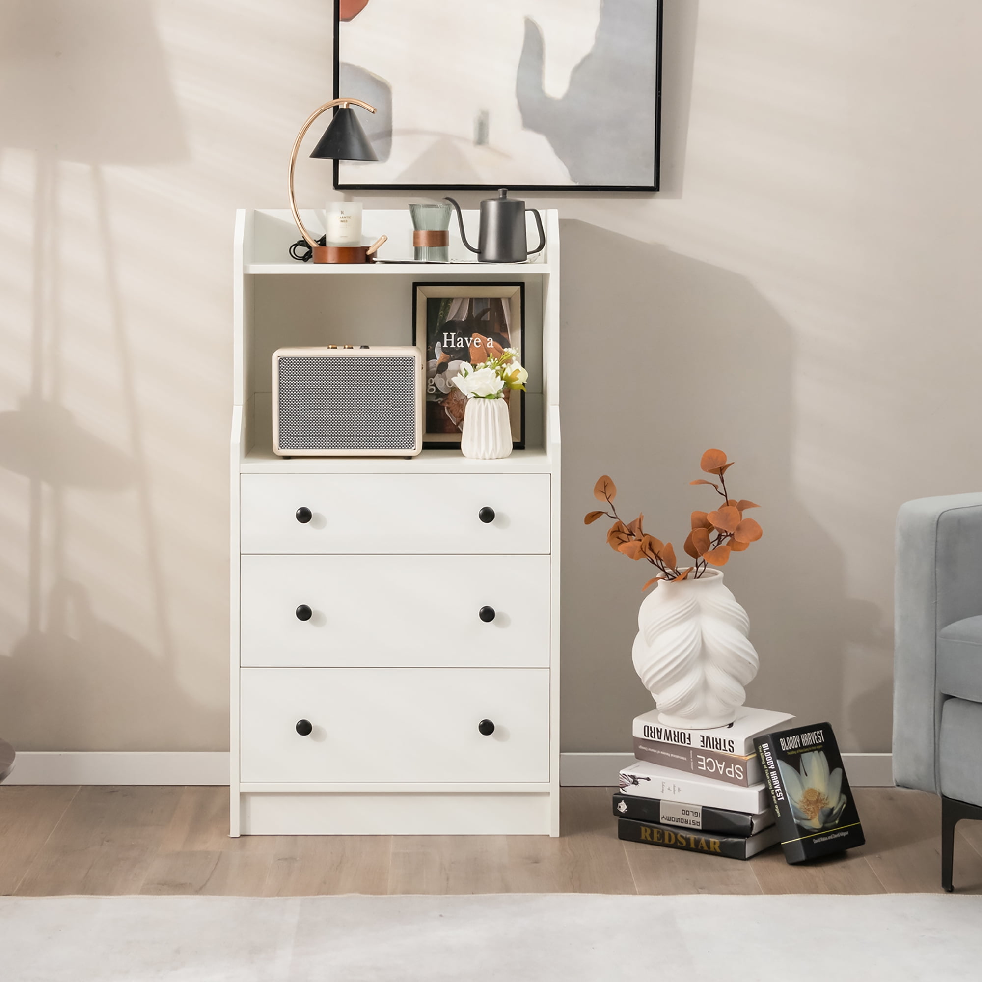 Gymax 3-Drawer Dresser 44'' Tall Wood Storage Organizer Chest w/ 2 Open Shelves White
