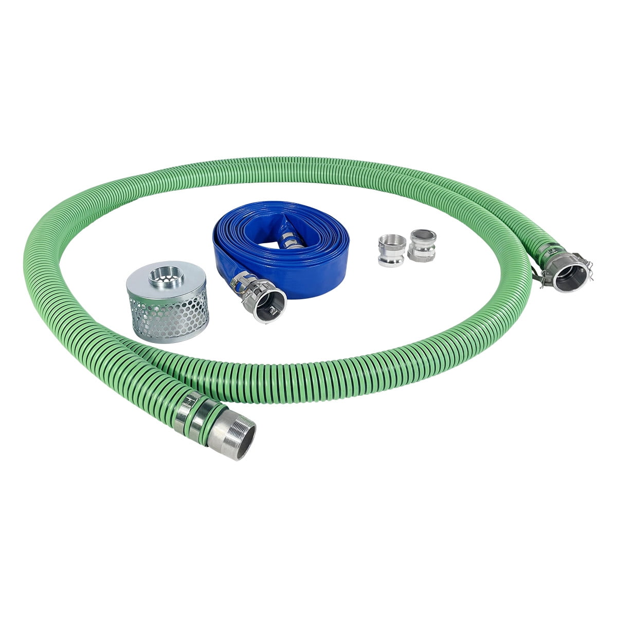 Gloxco 2" Pump Hose Kit, Includes 2 inch x 20 ft Green EPDM Suction Hose, 2 inch x 50 ft Blue Lay Flat Discharge Hose, Plated Steel Suction Strainer and Two Additional Male Cam and Groove Adapters