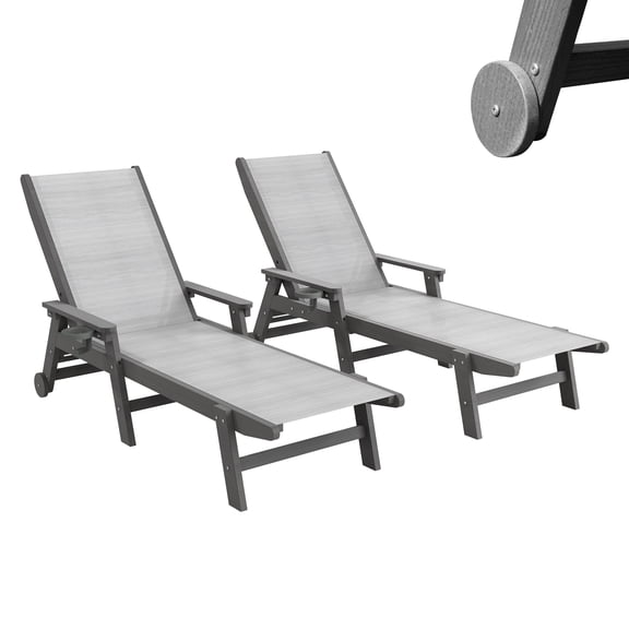 Chaise Lounge Chairs Set of 2, Grey HDPE Outdoor Pool Lounge Chair with 5-Position Adjustable Backrest, Breathable Teslin Fabric, Wheels and Cup Holder for Patio, Garden and Lawn