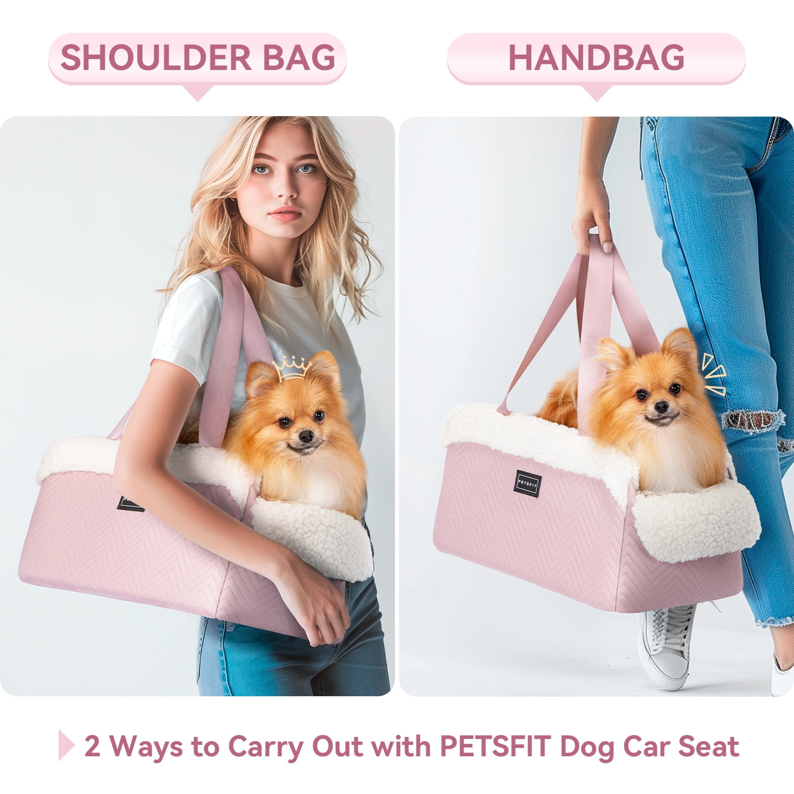 PETSFIT Cat Car Seat, Portable Console Dog Car Seat with Safe Protective Hooks, Luxury Pet Car Seat, Dog Car Carrier Includes Safety Tether for Pets Up to 12 lbs (Pink)