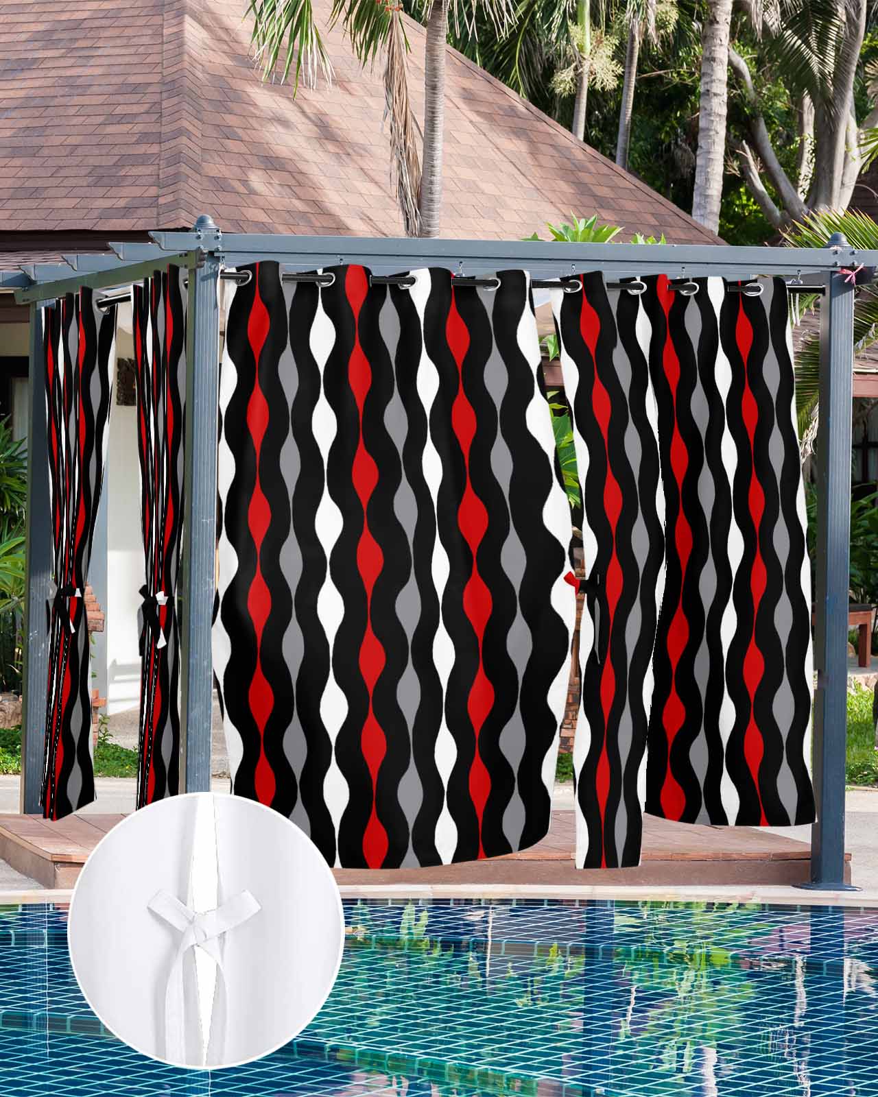 Outdoor Curtains for Patio Red Grey Black and White Geometric Striped Waterproof Privacy Outside Curtains with Tiebacks Grommet Top Pergola Curtains for Porch Cabana Gazebo 2 Panels, 54x108 inch