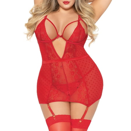 Seven 'til Midnight Womens Plus Size Love Affair Chemise & Garter Set Style-10916X