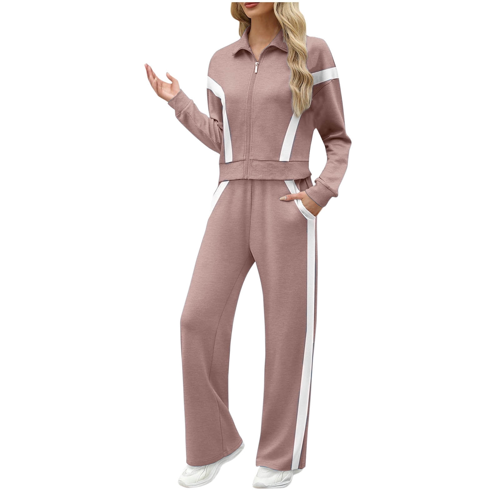 YUGYXL Womens Color Block Tracksuit 2 Pieces Outfits Long Sleeve Zipper Jacket and Pants Sportswear Sweatsuits with Pocket Khaki S