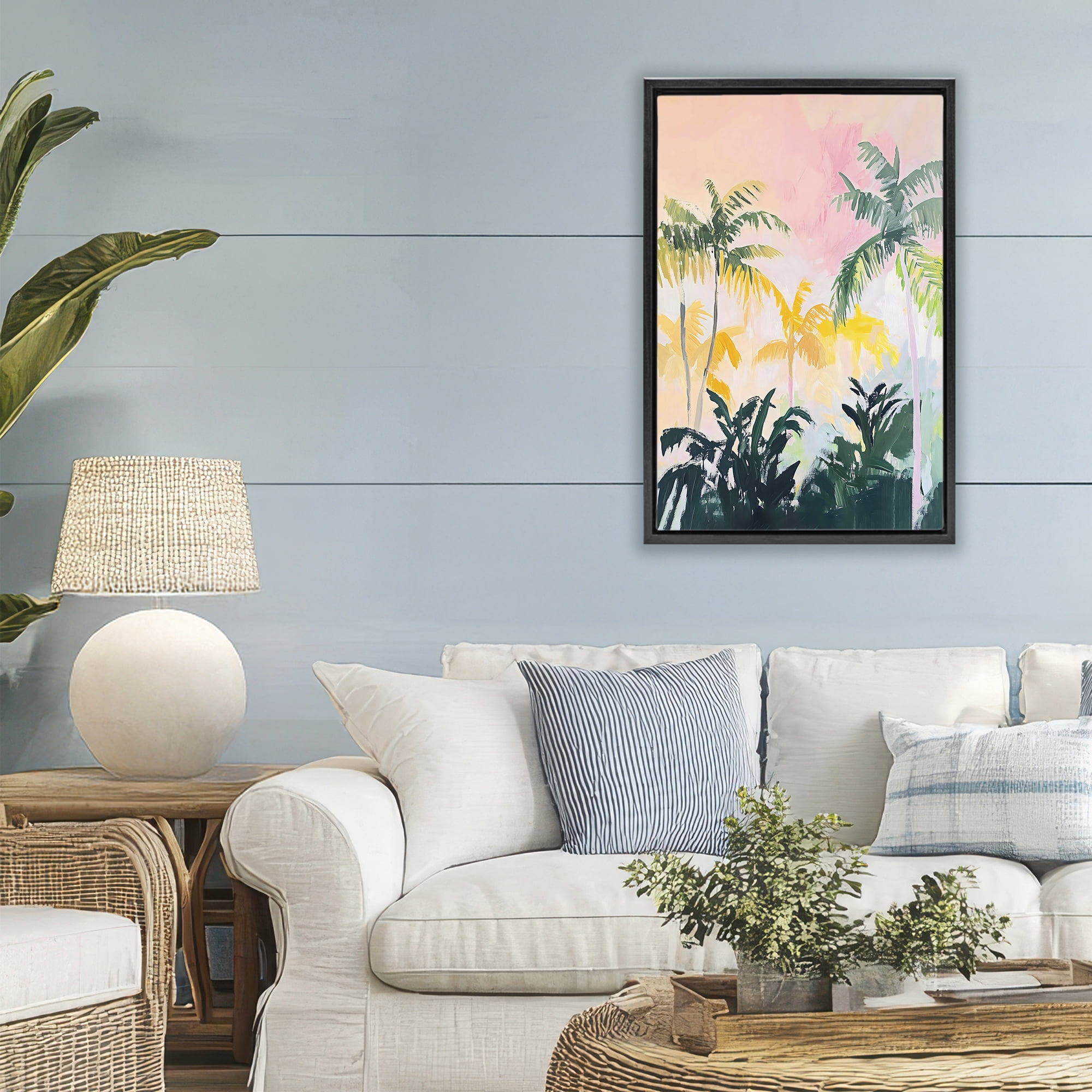 Stupell Industries Pastel Palms in Morning Glow Black Framed Floater Canvas Wall Art, design by The Prints Vibe