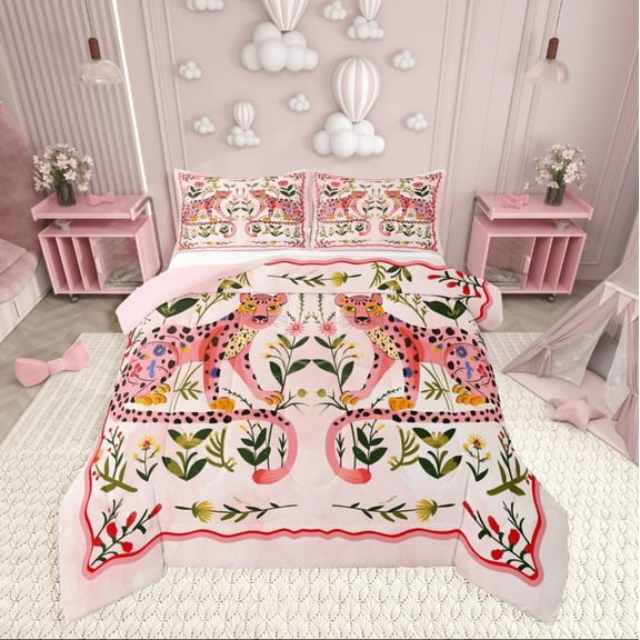 Castle Fairy Animal Leopard 2pcs Bedding Comforter Set,Pink Green Twin Comforter Sets,Chic Flower Breathable Bedding Set,Microfiber Teens Bedroom Decor,Reversible