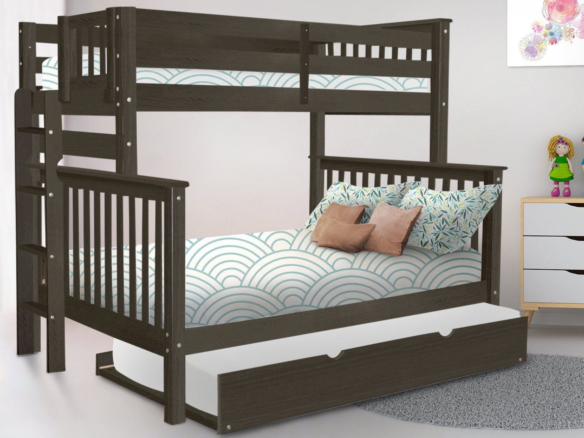 Bedz King Bunk Beds Twin over Full Mission Style with End Ladder and a Twin Trundle, Brushed