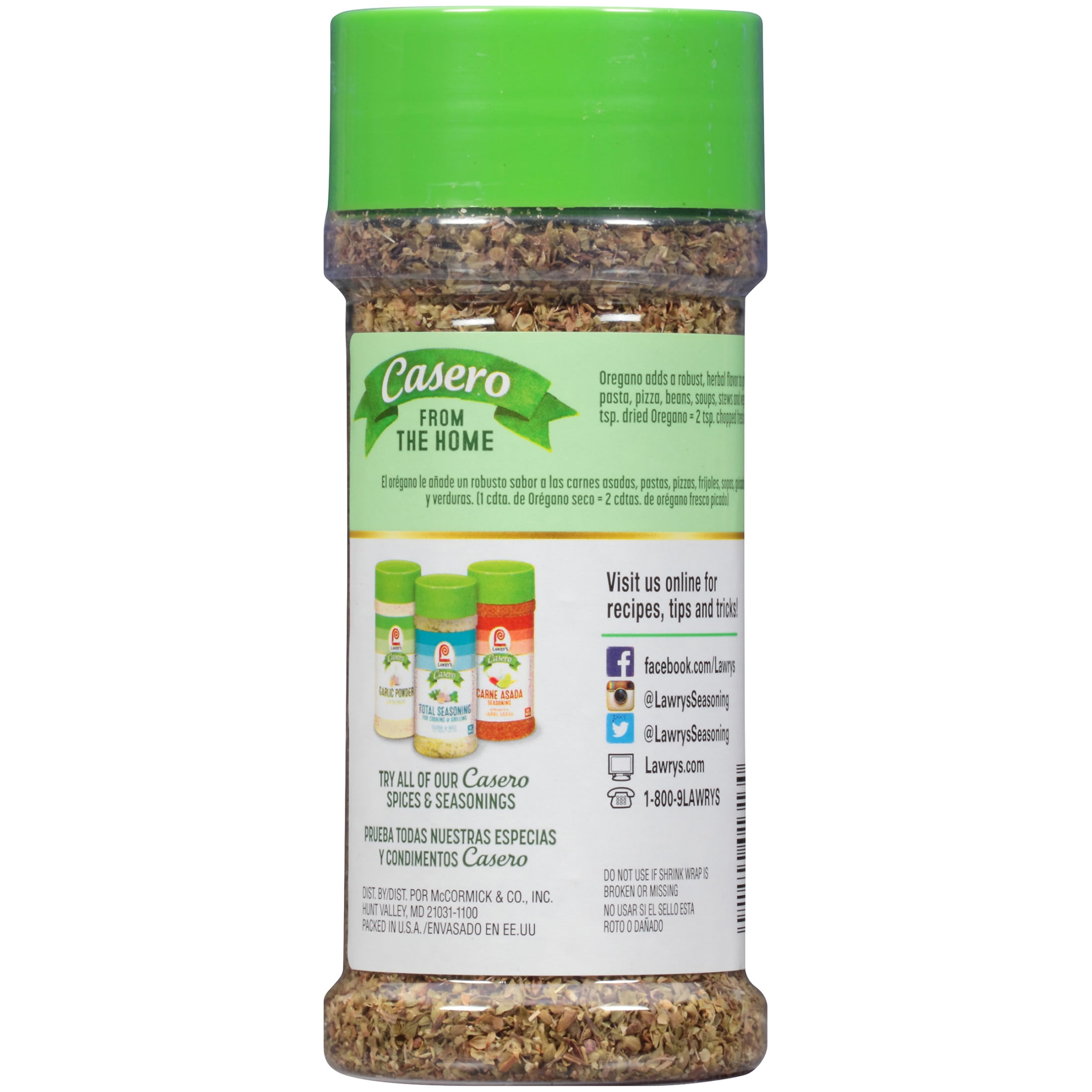 Lawry's Casero Kosher Whole Oregano, 2.5 oz Bottle