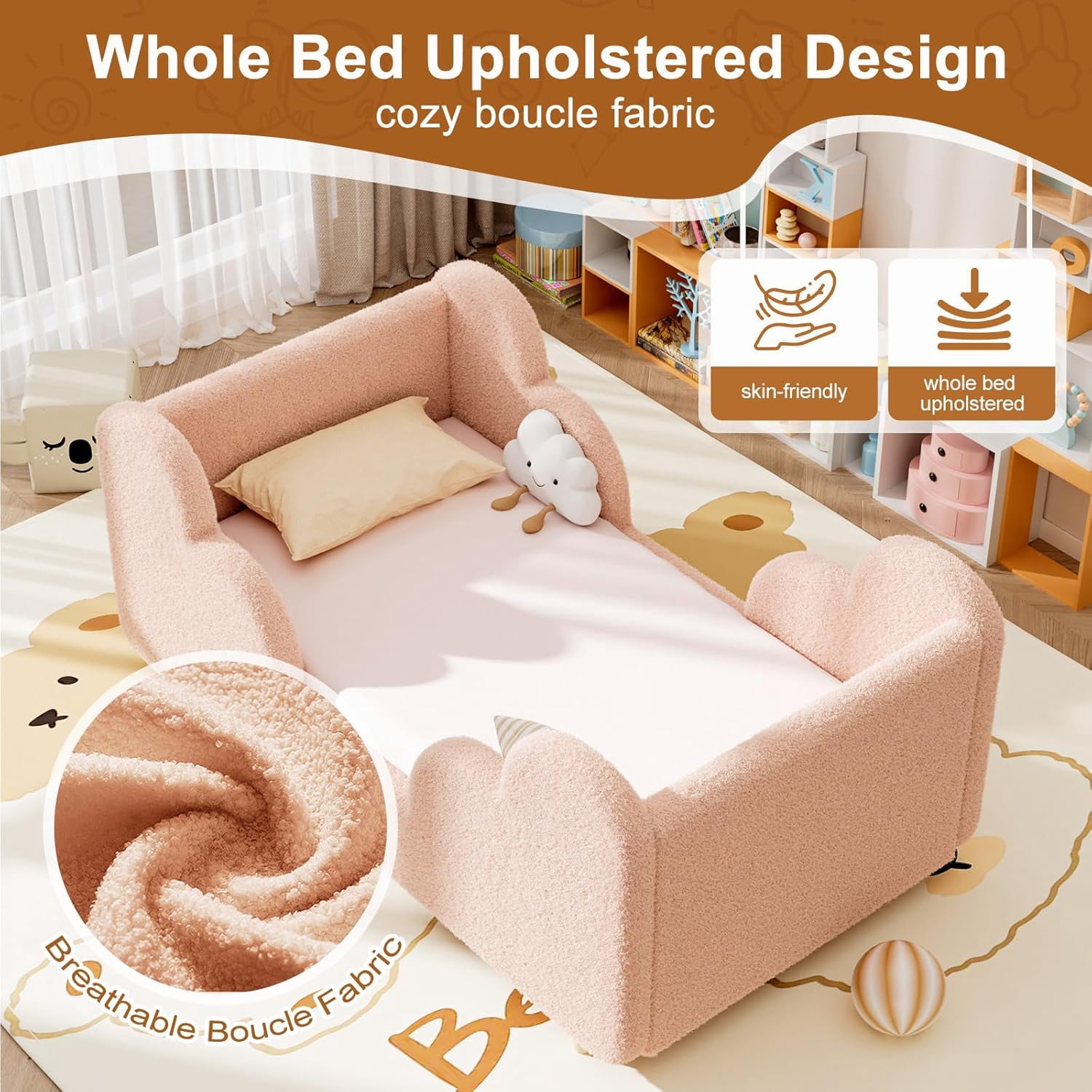 SLSY Toddler Bed,Sweet Pink Child Bed for Kids with Extra Safty Broad,Certified Fabric Toddler Floor Bed,Standard Crib Size(Mattress Not Included)