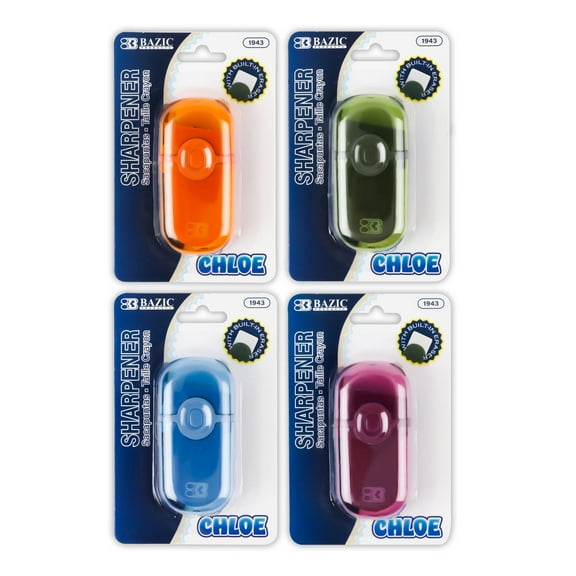 BAZIC Products Manual Pencil Sharpeners with Eraser, 4 Pack, Compact Small Colorful Erasers, One Hole